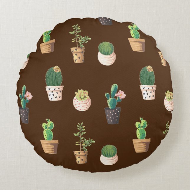 Groene Dessrt Succulent Cactus in Pots Rond Kussen (Voorkant)