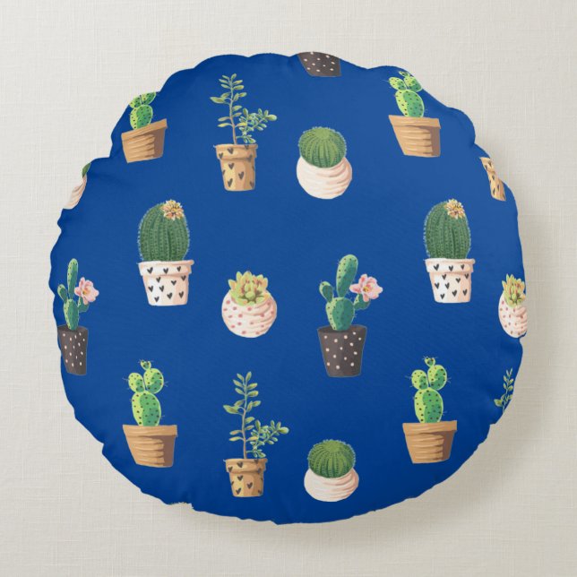 Groene Dessrt Succulent Cactus in Pots Rond Kussen (Voorkant)