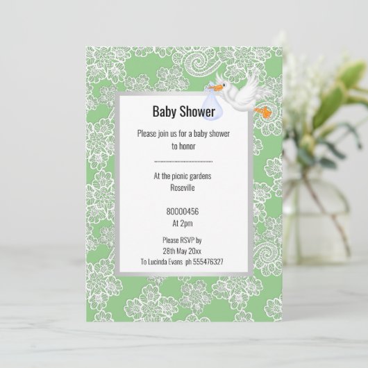 GROENE DETAIL WIT STORK BABY SHOWER KAART (Staand voorkant)