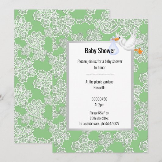GROENE DETAIL WIT STORK BABY SHOWER KAART (Voorkant / Achterkant)