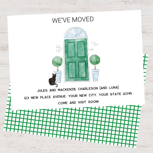 Groene deur kat We hebben verplaatst Nieuwe Home A Aankondiging