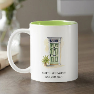 Groene Deur Watercolor Logo Makelaar Tweekleurige Koffiemok
