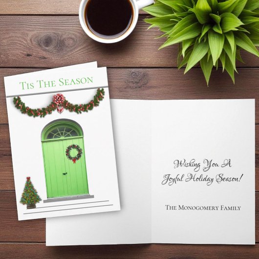 Groene deuren kerstmis de seizoensdecoratie feestdagen kaart