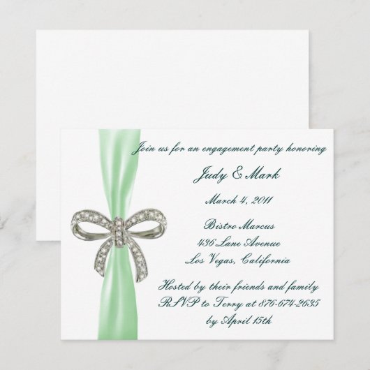 Groene Diamant Bow Verlovingsfeest Uitnodiging (Voorkant / Achterkant)