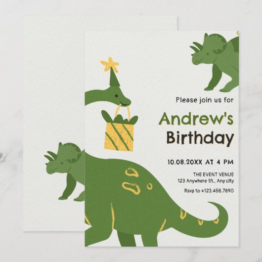 Groene dino verjaardag kaart (Voorkant / Achterkant)