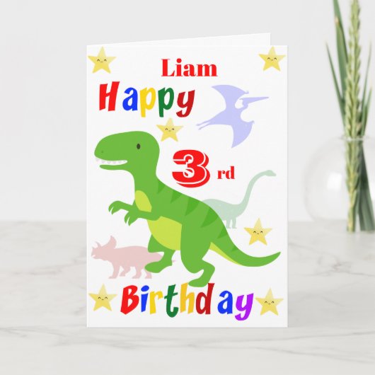 Groene Dinosaur 3e Verjaardag Kaart (Voorkant)