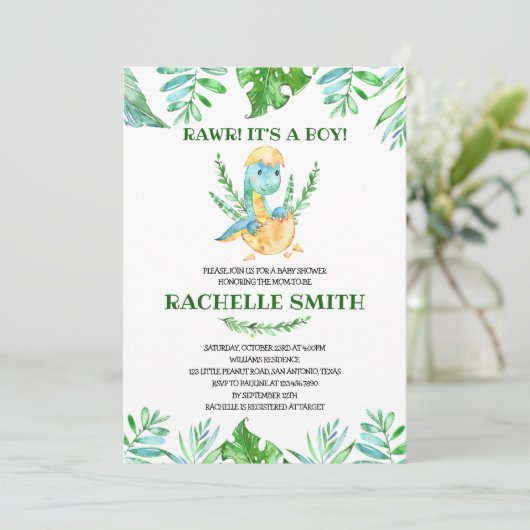 Groene Dinosaur Baby Shower Uitnodiging (Staand voorkant)