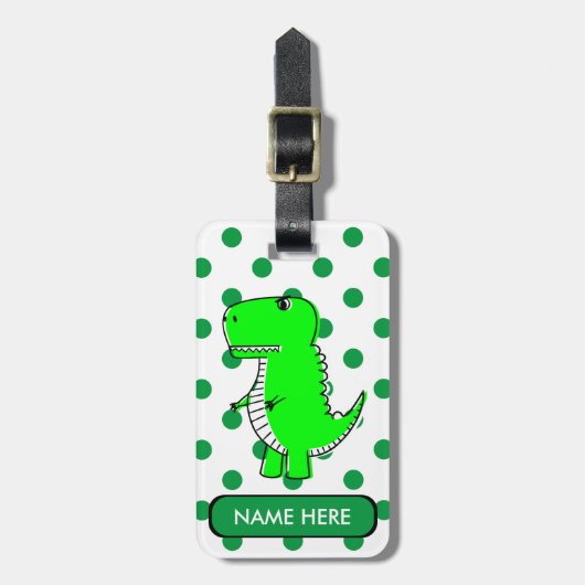 Groene Dinosaur Green Polka Dots Custom Name Bagagelabel (Voorkant verticaal)