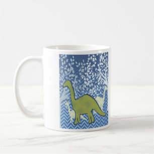 Groene Dinosaur op Zigzag Chevron - Blauw en wit Koffiemok