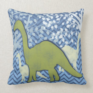 Groene Dinosaur op Zigzag Chevron - Blauw en wit Kussen