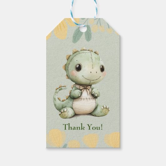 Groene dinosaurus 1e verjaardagsfeest Dank u Cadeaulabel (Voorkant)