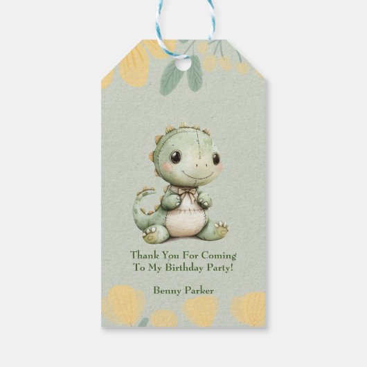 Groene dinosaurus 1e verjaardagsfeest Dank u Cadeaulabel (Achterkant)