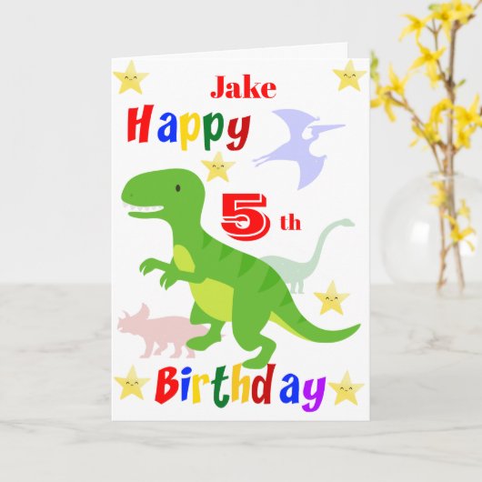 Groene Dinosaurus 5e Verjaardag Kaart (Gele Bloem)