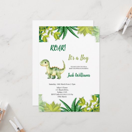  GROENE DINOSAURUS  BABYSHOWER  KAART (Voorkant / Achterkant in situ)