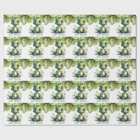 Groene Dinosaurus Bloemen Baby shower Cadeaupapier (Vlak)