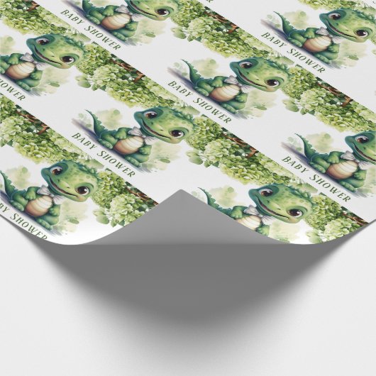 Groene Dinosaurus Bloemen Baby shower Cadeaupapier (Hoek)