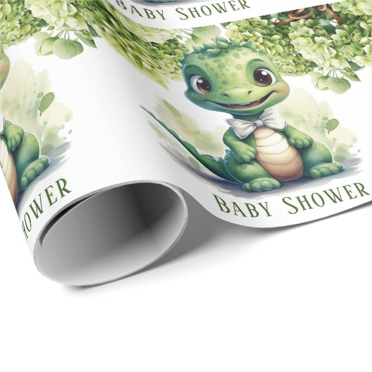 Groene Dinosaurus Bloemen Baby shower Cadeaupapier (Rol Hoek)