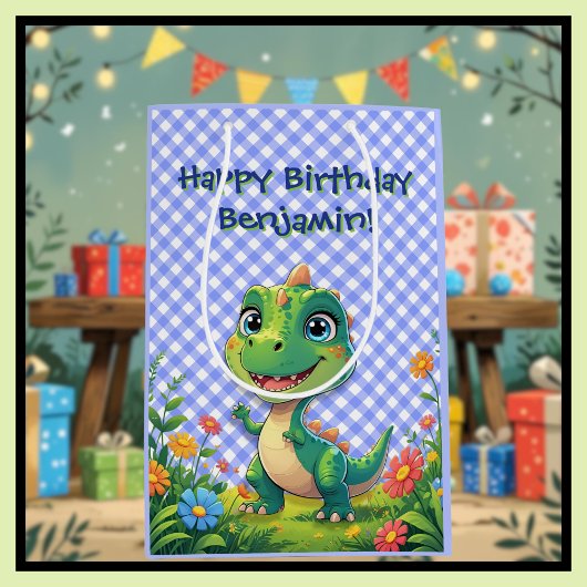 Groene Dinosaurus Blue Gingham Verjaardag Cadeau Medium Cadeauzakje