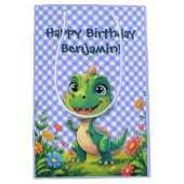Groene Dinosaurus Blue Gingham Verjaardag Cadeau Medium Cadeauzakje (Voorkant)
