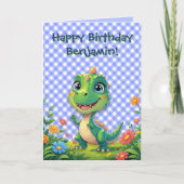 Groene Dinosaurus Blue Gingham Verjaardag Kaart (Voorkant)
