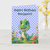 Groene Dinosaurus Blue Gingham Verjaardag Kaart (Gele Bloem)