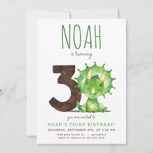 Groene Dinosaurus Derde Verjaardag uitnodiging (Voorkant)