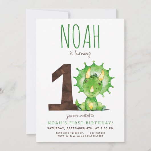 Groene Dinosaurus Eerste Verjaardag Uitnodiging (Voorkant)