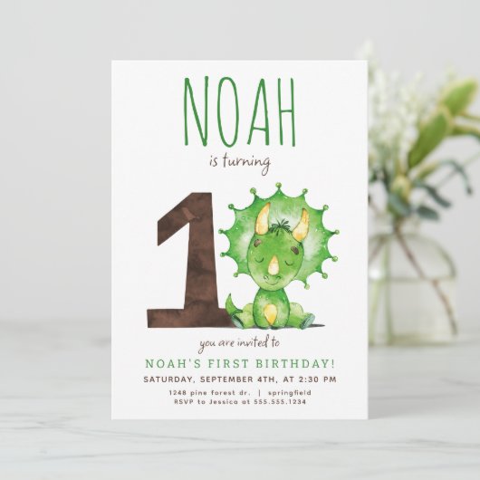 Groene Dinosaurus Eerste Verjaardag Uitnodiging (Staand voorkant)