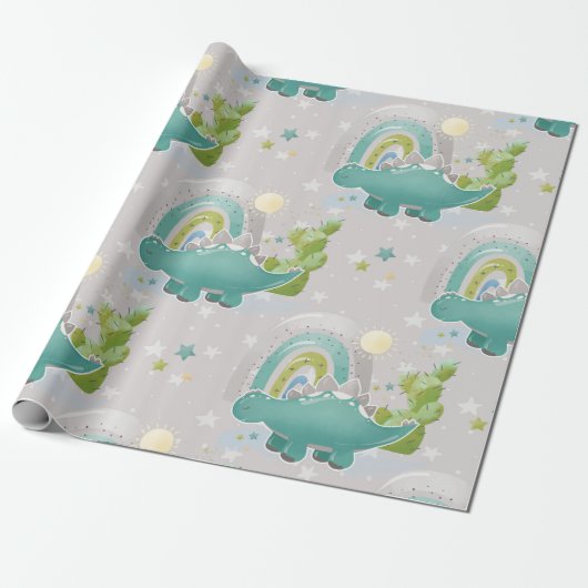 Groene dinosaurus en regenboog Baby shower Cadeaupapier (Uitgerold)