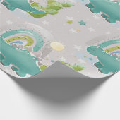Groene dinosaurus en regenboog Baby shower Cadeaupapier (Hoek)