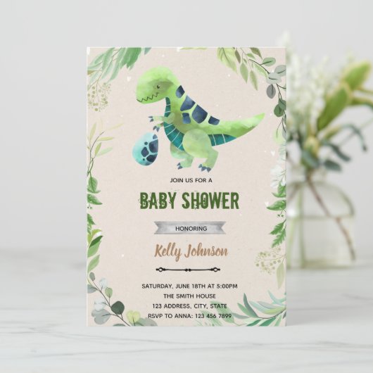 Groene dinosaurus feest verjaardagsuitnodiging kaart (Staand voorkant)