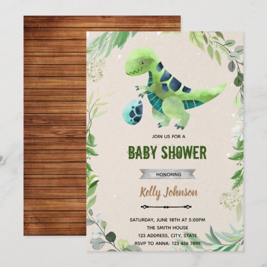 Groene dinosaurus feest verjaardagsuitnodiging kaart (Voorkant / Achterkant)
