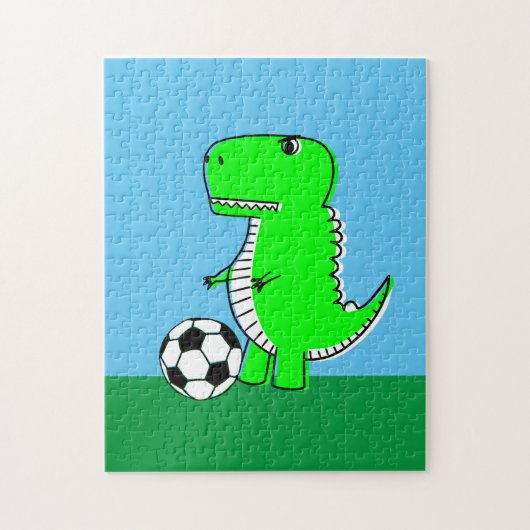 Groene dinosaurus houdt van voetbal legpuzzel (Verticaal)
