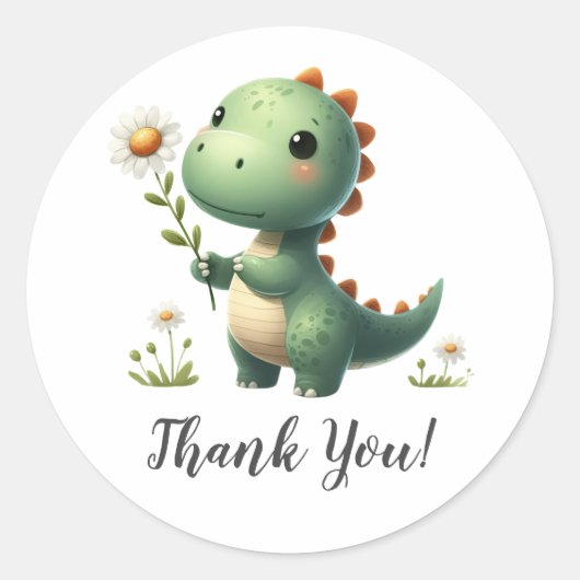 Groene Dinosaurus met Bloem Dank U Ronde Sticker (Voorkant)
