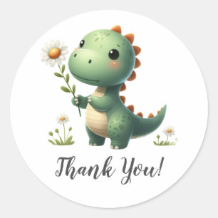 Groene Dinosaurus met Bloem Dank U Ronde Sticker