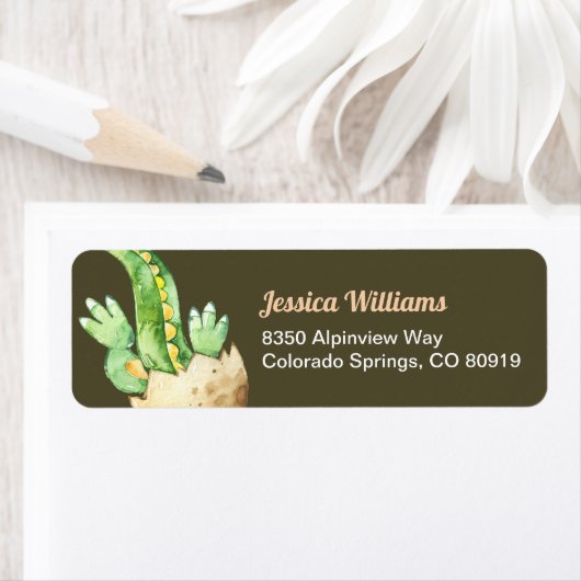 Groene dinosaurus retour adres label (Insitu)