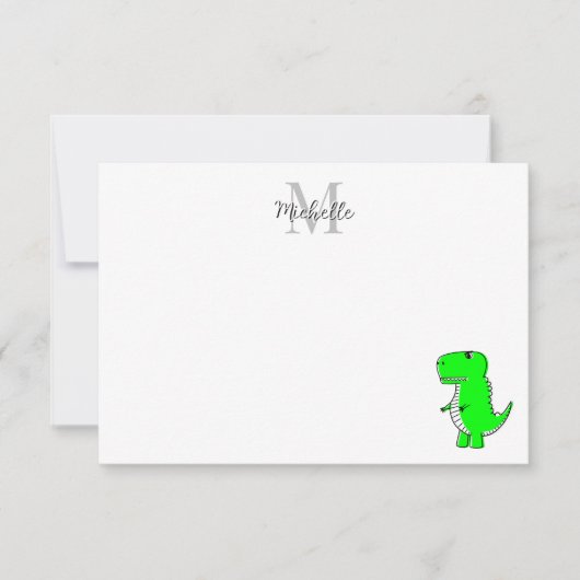 Groene Dinosaurus Tekening Aangepaste Monogram Notitiekaartje (Voorkant)