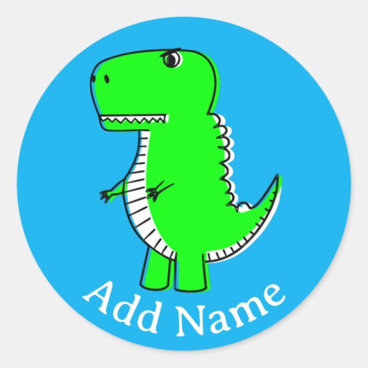 Groene Dinosaurus Tekening Aangepaste Naam Ronde Sticker (Voorkant)