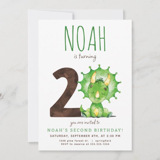 Groene Dinosaurus Tweede Verjaardag Uitnodiging (Voorkant)