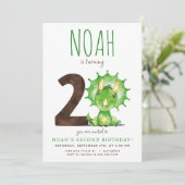 Groene Dinosaurus Tweede Verjaardag Uitnodiging (Staand voorkant)