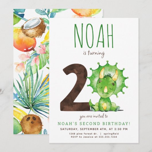 Groene Dinosaurus Tweede Verjaardag Uitnodiging (Voorkant / Achterkant)