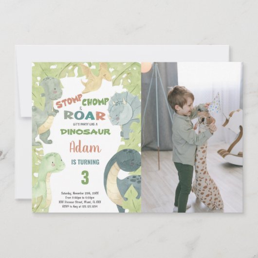 Groene Dinosaurus Verjaardag Uitnodiging met Foto (Voorkant)
