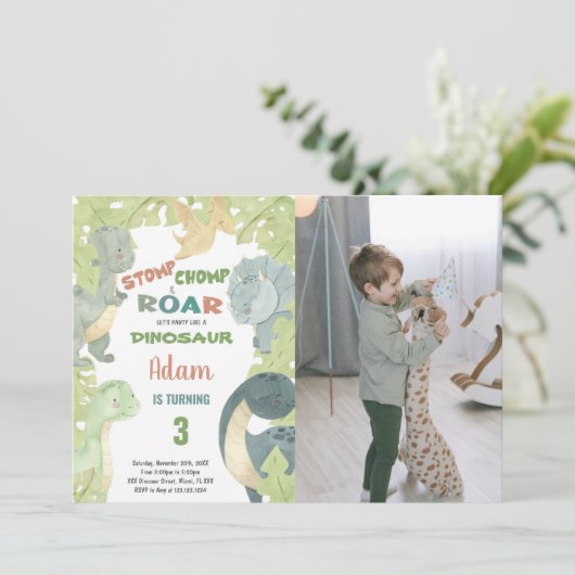 Groene Dinosaurus Verjaardag Uitnodiging met Foto (Staand voorkant)