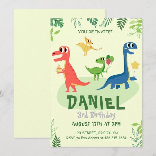 Groene Dinosaurus Verjaardagsfeest Uitnodiging (Voorkant / Achterkant)