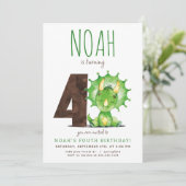 Groene Dinosaurus Vierde Verjaardag Uitnodiging (Staand voorkant)