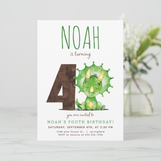 Groene Dinosaurus Vierde Verjaardag Uitnodiging (Staand voorkant)