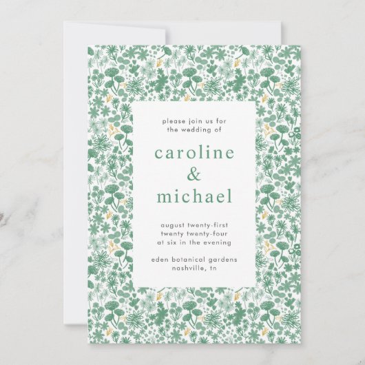 Groene Ditzy Floral Wedding Uitnodiging (Voorkant)
