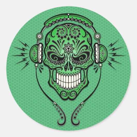 Groene DJ Sugar Skull Ronde Sticker (Voorkant)