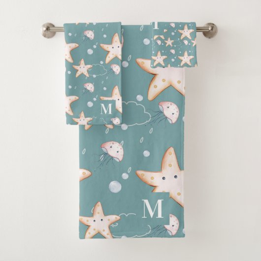 Groene donkercyaanmonogram van stervis bad handdoek (Insitu)