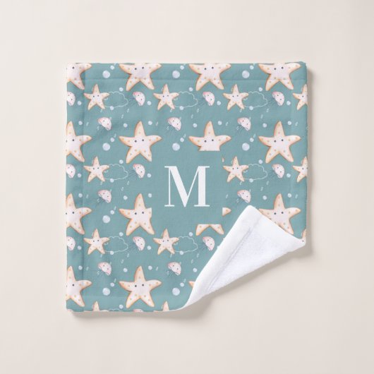 Groene donkercyaanmonogram van stervis bad handdoek (Wasdoekje)